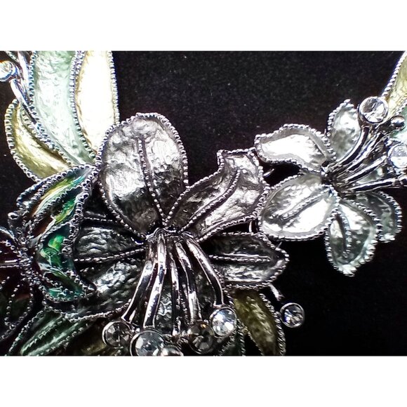 Floral & Butterfly Statement Necklace Rhinestone Accents Green Silver-Tone Metal - Picture 10 of 16